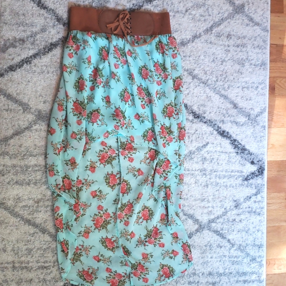 Floral hi low lace up tie front skirt - S/M